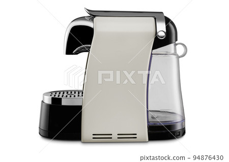 Modern electric capsule coffee machine, for making coffee drinks, on a white background 94876430