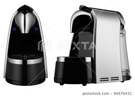 Electric coffee machine with a beautiful modern design, two projections, for making coffee from capsules, isolate 94876432