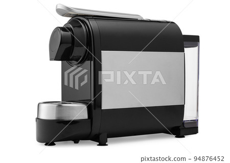 Black electric coffee machine with silver inserts, for making capsule coffee, on a white background, diagonal arrangement 94876452