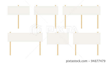 Picket banner frame. Blank demonstration banner mock up. Empty protest placard with wooden poles. Realistic politic strike board mockup. Vector illustration isolated on white background 94877479