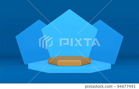 Blue geometric exhibition scene polygonal pedestal best award showcase display realistic vector Blue geometric exhibition scene polygonal pedestal best award showcase display realistic vector 94877491
