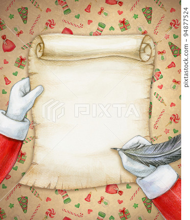 Santa Claus writing letter,  Christmas card. Watercolor illustration. 94877524