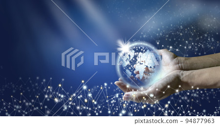 Hands holding global network technology blue earth and data connection network. 94877963