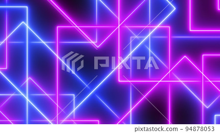 Neon abstract background. 3d Colored neon glow laser lines illumination on black backdrop. Retro synthwave, 80s concept.  94878053