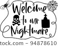 Typographic Halloween funny quote Welcome to our nightmare with spiderweb, spider, skull, 94878610
