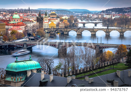 Above Prague old town bridges and river Vltava at dawn, Czech Republic 94878767