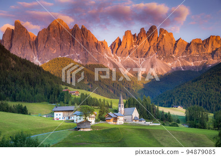 St. Magdalena with famous church in Val di Funes at sunset, Dolomites , Italy St. Magdalena with famous church in Val di Funes at sunset, Dolomites , Italy 94879085