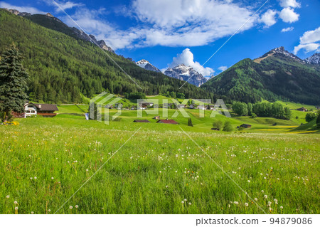 Alpine meadows in Stubai Valley and village, North Tyrol, Austria 94879086