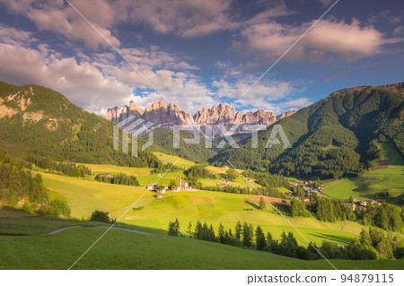 St. Magdalena with famous church in Val di Funes at sunset, Dolomites , Italy St. Magdalena with famous church in Val di Funes at sunset, Dolomites , Italy 94879115