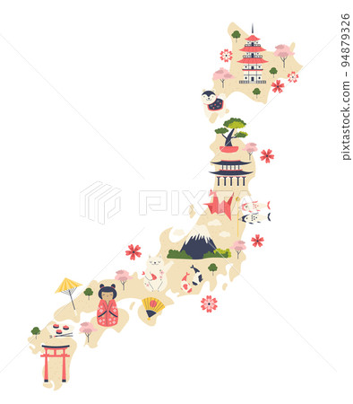 Illustrated map of Japan with famous symbols and landmarks Illustrated map of Japan with famous symbols and landmarks 94879326