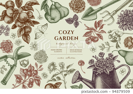 Gardening hand drawn illustration design. Background with vintage watering can, apples, cherry, rose, pears, shovel, rake, secateurs, chamomile, sunflower, forget me not flower, ranunculus, great Gardening hand drawn illustration design. Background with vintage watering can, apples, cherry, rose, pears, shovel, rake, secateurs, chamomile, sunflower, forget me not flower, ranunculus, great 94879509