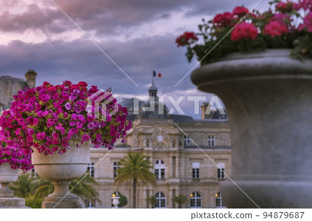 Luxembourg gardens and flower bed vase at dramatic dawn, Paris, France 94879687