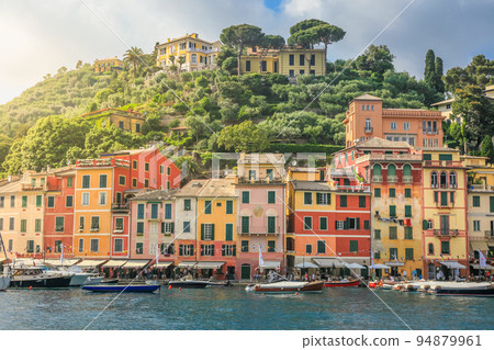 Above Portofino with houses, luxury boats and yacht, bay harbor. Liguria, Italy 94879961