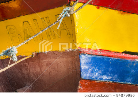 Colorful fishing trawler boat bow detail in Porto Seguro, BAHIA, Brazil 94879986
