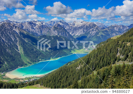Above Achensee, turquoise lake, and Pertisau from Rofan in Tyrol, Austria 94880027