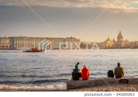 View of Neva River and St. Petersburg at golden sunset, Russia View of Neva River and St. Petersburg at golden sunset, Russia 94880063