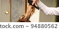 Professional hair care. Young female blonde with long hair receiving hairstyling in a beauty salon 94880562