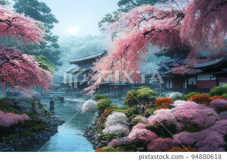 A night view of a townscape reminiscent of old Kyoto Cherry blossoms in full bloom A fantasy world "AI-generated image" 94880618