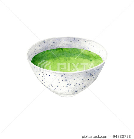 Matcha green tea in white ceramic bowl. Watercolor illustration of herbal asian tisane. Element for menu, logo, recipe, label, packaging design. Traditional japanese drink. Matcha green tea in white ceramic bowl. Watercolor illustration of herbal asian tisane. Element for menu, logo, recipe, label, packaging design. Traditional japanese drink. 94880758
