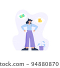 Personal finance management concept. Poverty and financial illiteracy. A sad woman with empty pockets without money. Vector flat illustration isolated on the white background. 94880870