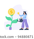 Personal finance management concept. Business and investment incomes. A happy woman water a money tree that gives profit. Vector flat illustration isolated on the white background. 94880871