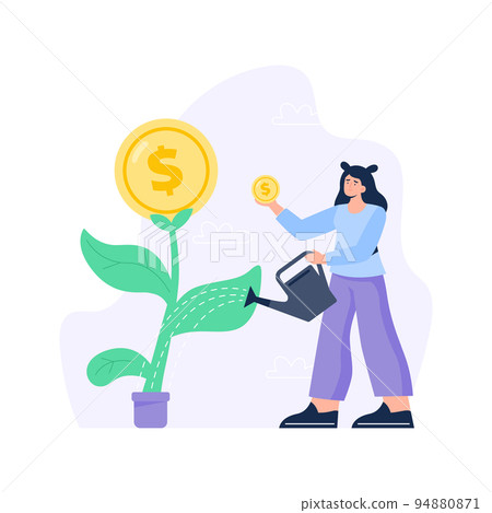 Personal finance management concept. Business and investment incomes. A happy woman water a money tree that gives profit. Vector flat illustration isolated on the white background. Personal finance management concept. Business and investment incomes. A happy woman water a money tree that gives profit. Vector flat illustration isolated on the white background. 94880871