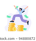 Personal finance management concept. Wealth and financial success. A woman jumps through stacks of coins and picks up cash in the air. Vector flat illustration isolated on the white background. 94880872