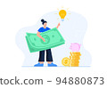 Personal finance management concept. Business incomes. A young woman with an idea of where to invest the earned money to make a profit. Vector flat illustration isolated on the white background. 94880873