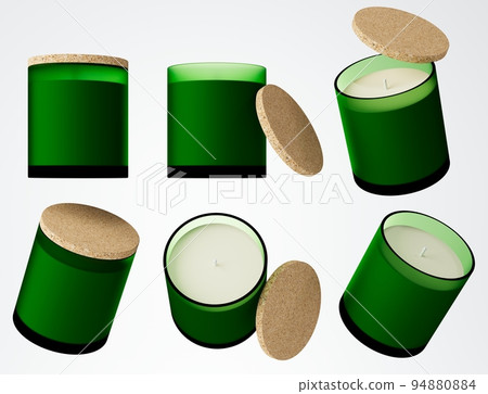 Aroma candle in green glass jar with cotton wick and cork lid 3D render different angles, branding and design ready commercial realistic mock-up, copy space template 94880884
