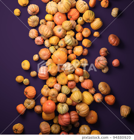 Autumn composition of orange pumpkins on violet table background. 94880920