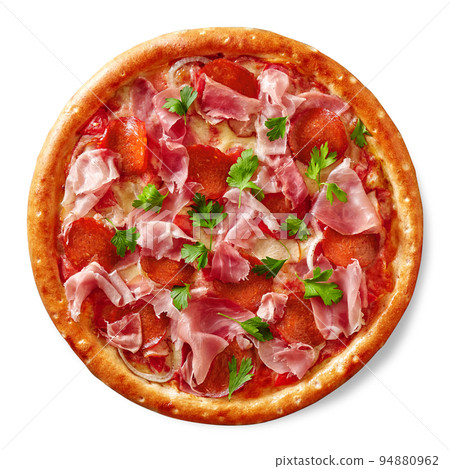 Meat pizza with mozzarella, salami, smoked chicken, ham and prosciutto on white background 94880962