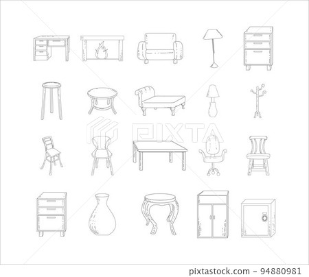 Hand-drawn Set of Furniture House Illustrations on a White Background Hand-drawn Set of Furniture House Illustrations on a White Background 94880981