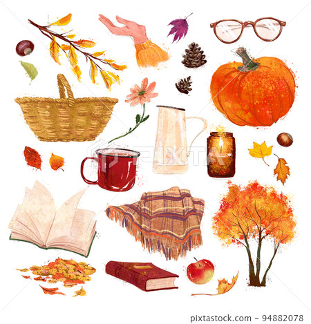 Collection of autumn cozy traditional elements pumpkin, plaid, book, apple, park trees isolated. Watercolor hand drawn fall illustration. Collection of autumn cozy traditional elements pumpkin, plaid, book, apple, park trees isolated. Watercolor hand drawn fall illustration. 94882078