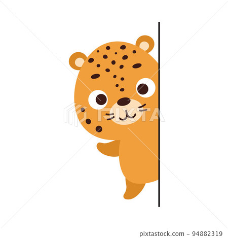 Cute little jaguar peeking around corner on white background. Cartoon animal character for kids t-shirt, nursery decoration, baby shower, greeting card, house interior. Vector stock illustration Cute little jaguar peeking around corner on white background. Cartoon animal character for kids t-shirt, nursery decoration, baby shower, greeting card, house interior. Vector stock illustration 94882319