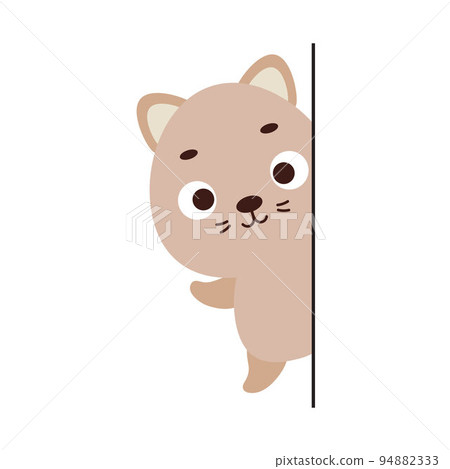 Cute little cat peeking around corner on white background. Cartoon animal character for kids t-shirt, nursery decoration, baby shower, greeting card, house interior. Vector stock illustration Cute little cat peeking around corner on white background. Cartoon animal character for kids t-shirt, nursery decoration, baby shower, greeting card, house interior. Vector stock illustration 94882333