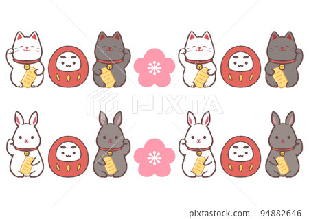 Beckoning cat, beckoning rabbit, dharma and plum blossom line set 94882646