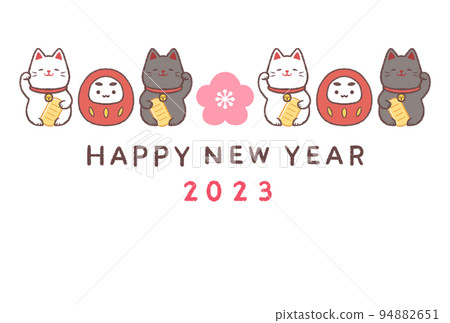 Beckoning white cat and beckoning black cat and Dharma 2023 New Year's card horizontal white background 94882651