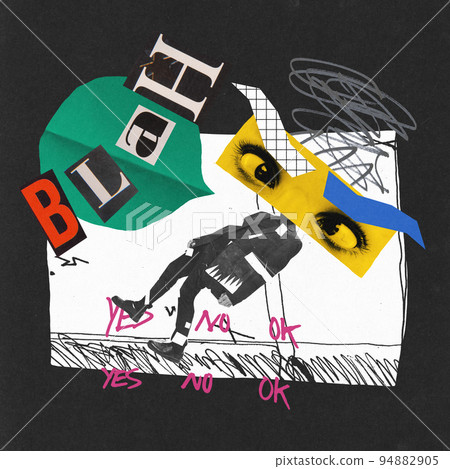 Contemporary art collage. Creative design with man, emloyee walking under female eyes looking Contemporary art collage. Creative design with man, emloyee walking under female eyes looking 94882905