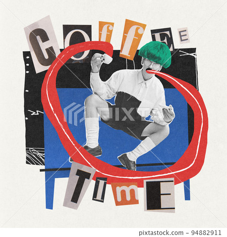 Contemporary art collage. Creative design of young man, trainee having coffee break. Working day 94882911
