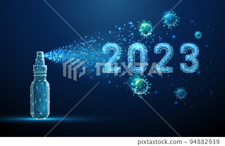 Hand sanitizer disinfecting 2023 year with molecules of virus. Hand sanitizer disinfecting 2023 year with molecules of virus. 94882939