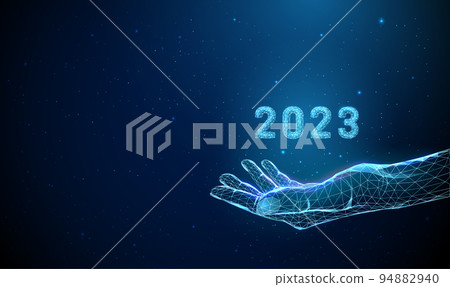 Abstract low poly blue giving hand with number 2023. 94882940