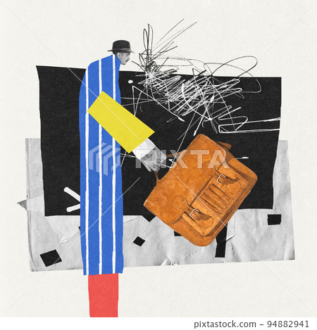 Contemporary art collage. Man, employee with vintage briefcase going to work. Long body symbolizing long week Contemporary art collage. Man, employee with vintage briefcase going to work. Long body symbolizing long week 94882941
