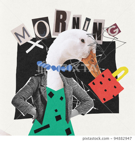 Contemporary art collage. Woman with duck head in image of office manager controlling working process Contemporary art collage. Woman with duck head in image of office manager controlling working process 94882947