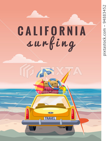 Travel yellow car with luggage bags, surfboard on the beach. Tropical seachore, palms, sea, ocean, back view. Vector illustration retro cartoon 94883452