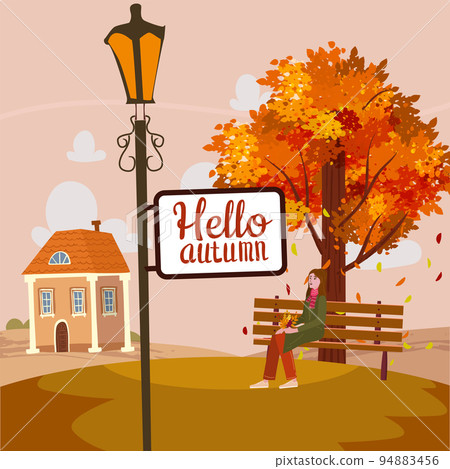 Autumn city park alley road, footpath. Lantern witn banner Hello Autumn, Rural fall view Autumn city park alley road, footpath. Lantern witn banner Hello Autumn, Rural fall view 94883456