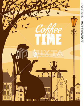 Poster Autumn street cafe, girl on the chair drink coffee, fall mood. Cup, chair, table, kettle retro style vector illustration 94883459