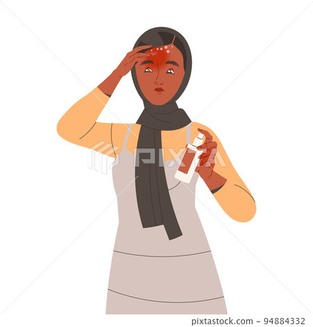 Muslim Woman Character Suffering from Neurodermatitis Applying Cream on Itchy Face Vector Illustration Muslim Woman Character Suffering from Neurodermatitis Applying Cream on Itchy Face Vector Illustration 94884332