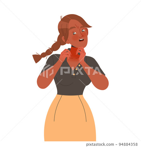 Woman Character Suffering from Neurodermatitis Itching, Excessive Rubbing and Scratching Skin on Her Neck Vector Illustration Woman Character Suffering from Neurodermatitis Itching, Excessive Rubbing and Scratching Skin on Her Neck Vector Illustration 94884358