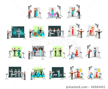 Movie and Photo Studio Production with People Engaged in Filming and Shooting Process Vector Set 94884401