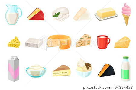 Dairy Products Including Milk, Butter, Cheese, Yogurt, Cottage Cheese, Sour Cream and Ice Cream Big Vector Set 94884458